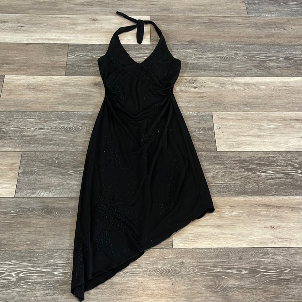 Asymmetrical Black Halter Dress with Caviar Beading Size Small